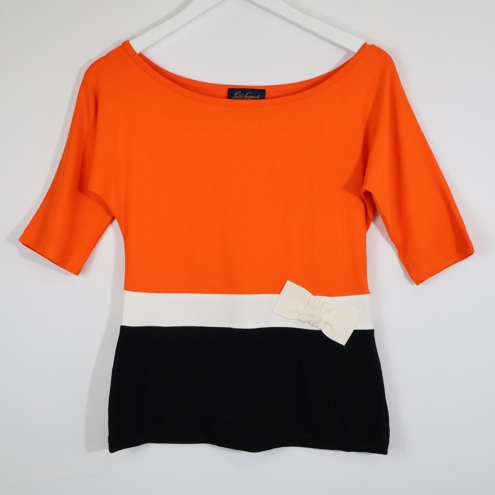 Louisa Spagnoli Italy Colorblock Knit Top Orange Black White Bow Designer Small